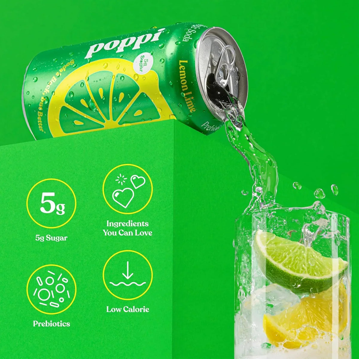 Poppi Prebiotic Soda, Sparkling Water & Fruit Juice, Lemon Lime, 12 Oz, 12 Pack